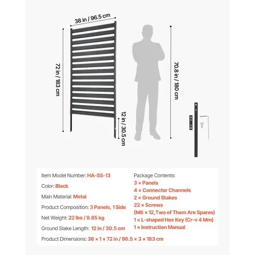 VEVOR Paravent 95,5x183 cm, Raumteiler aus Metall, Trennwand mit Erdspieße, Sichtschutz, Raumtrenner, Dekorative Sichtschutzwand, Ideal für Garten, Terrasse, Hof, Balkon, Schwarz – Bild 6