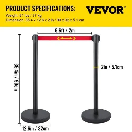 VEVOR Personenleitsystem 6 Ständer, 90 cm Gesamthöhe Absperrung mit Vierwegadapter, Abgrenzungsständer, Absperrständer mit 2 M Länge Gürtel für Airport Flughafen, Ständer aus Stahl Eisen, Schwarz – Bild 6