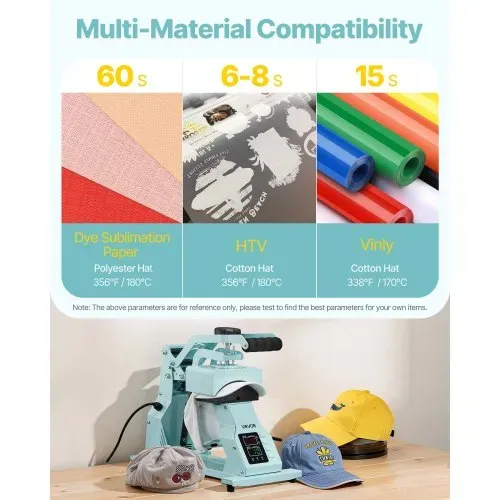 VEVOR Hutpresse mit 2 austauschbaren Platten (16 x 6,5 cm / 16 x 8 cm), Hut-Hitzepresse mit präziser Temperatur- und Zeitregelung, Mützenpresse Heat Press für Kappen Stirnbänder Gesichtsmasken – Bild 3