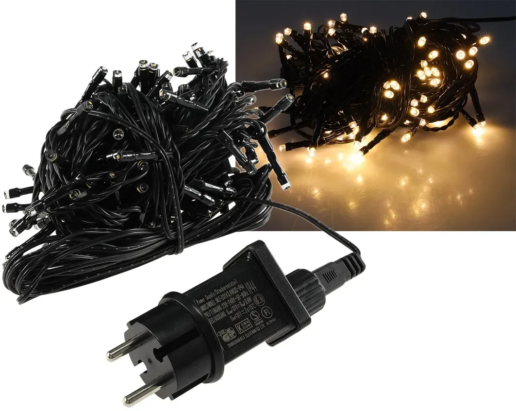 LED Aussen-Lichterkette „CT-ALK100“ 10m warmweiß, Kabel schwarz, IP44, 100 LEDs LED Aussen-Lichterkette „CT-ALK100“ 10m warmweiß, Kabel schwarz, IP44, 100 LEDs