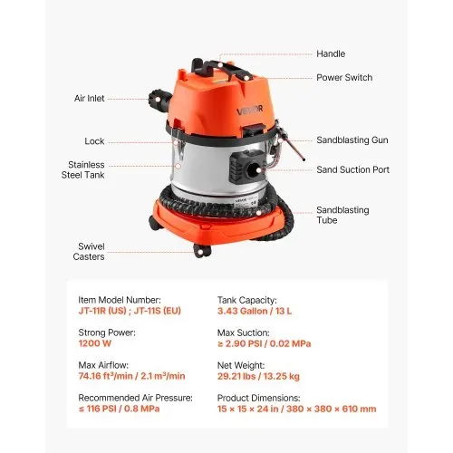 VEVOR Walnuss Strahlgerät, 13 L, 1200 W, Mobiles Sandstrahlgerät zur Entkohlung von Ansaugkrümmern & Ventilen, Sandstrahlmaschine – mit 2,5 kg Walnussschalen-Strahlmittel & 23 Adaptern – Bild 6
