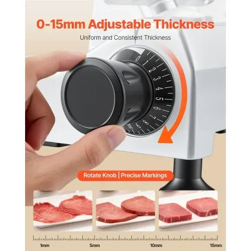 VEVOR Allesschneider Elektrisch 400 W, Fleischschneider, Abnehmbare 30 cm Kohlenstoffstahl-Klinge & Auffangschale, 0–15 mm Einstellbare Schnittstärke, für gefrorenes Fleisch, Schinken, Baguette – Bild 3