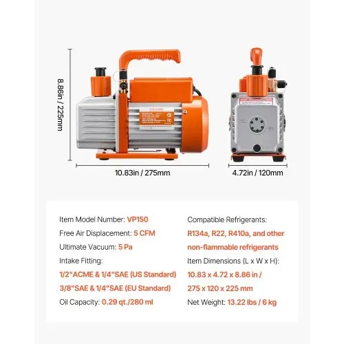 VEVOR Vakuumpumpe, 5 CFM, HVAC einstufige Drehschieber-Vakuumpumpe, für R134a R22 R410a Systeme, Auto-AC-Vakuumpumpen-Kit mit Ölflasche, für die Wartung von Auto-Klimaanlagen und Harzentgasung – Bild 6