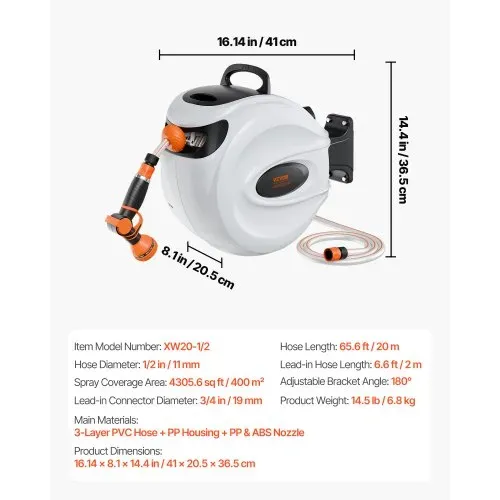 VEVOR Schlauchtrommel 20mx12mm Schlauchaufroller Wasser 180° Schwenkbar Wand-Schlauchbox mit Aufwickelstopper und Wandhalterung Wasserschlauchtrommel Gartenschlauch zum Gießen Autowaschen Reinigen – Bild 6