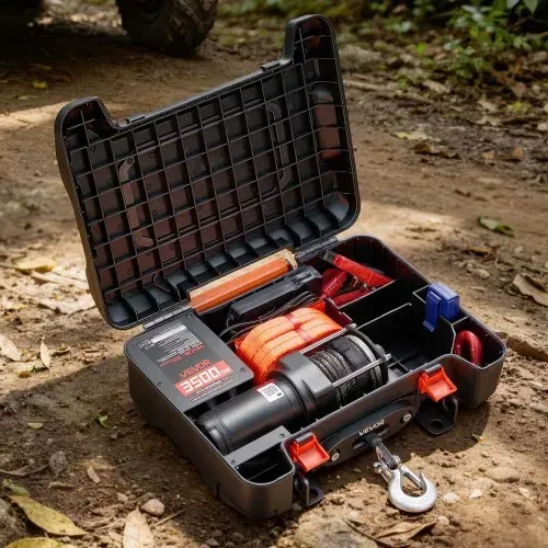 VEVOR Elektrische Seilwinde 12V, Mobile Seilwinde mit 1587kg Tragkraft & Fernbedienung, Tragbare Motorwinde mit Synthetikseil Seilführung Schäkelhaken Gurt Tragkiste, Elektrowinde für ATV UTV Offroad – Bild 7