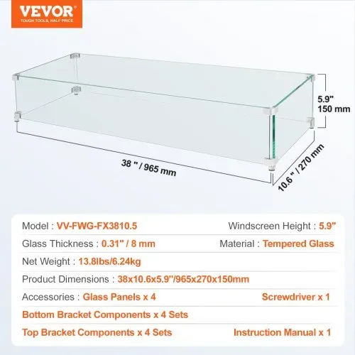 VEVOR Windschutz für Feuerstelle, 96,5 x 26,7 x 15,2 cm Glas-Windschutz, rechteckiger Glasschutz, 0,8 cm dicker Feuertisch, Flammenschutz aus klarem gehärtetem Glas, Baumgrubenschutz mit stabilen Füßen für Propan, Gas, Außenbereich – Bild 6
