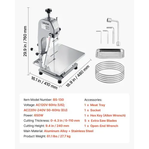 VEVOR Kommerzielle elektrische Fleischbandsäge Knochenschneidemaschine, 650 W Tisch-Knochensäge, 315 x 460 mm Werkbank, Gefrierfleischschneider für Schweinefleisch Rindfleisch Silber – Bild 6
