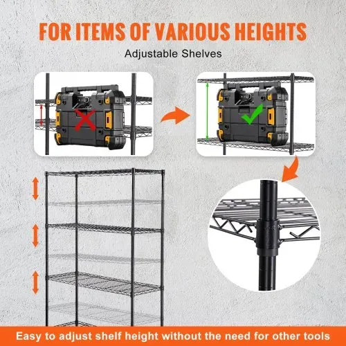 VEVOR Lagerregal mit Rädern, 4-stufig verstellbar, 700 lbs Kapazität, robuste Garagenregale, Metall-Organizer, Drahtregal, schwarz, 120 x 45 x 188 cm für Küche, Speisekammer, Keller, Badezimme – Bild 5