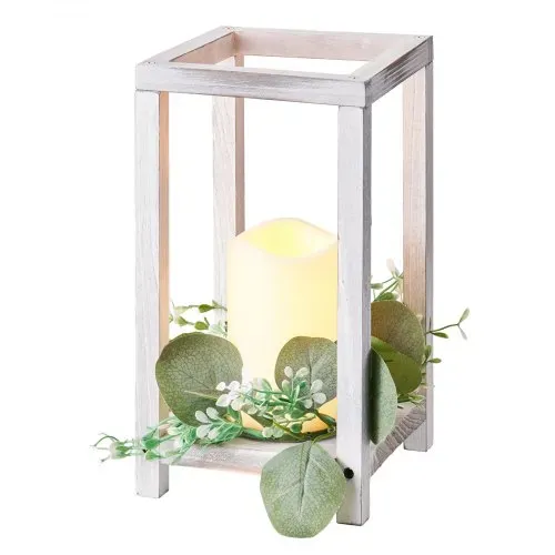 VEVOR 12er-Set, Holzlaternen, inkl. 12x Kerzenhaltern aus Holzlaternen, 12x flammenlosen LED-Kerzen, 12x Eukalyptusblätter-Kranz für Hochzeitstisch, Party, Bauernhaus-Dekoration, Weiß – Bild 8