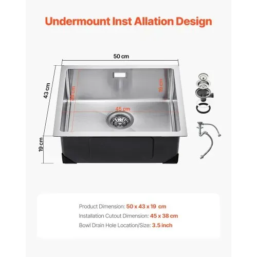 VEVOR Küchenspüle Einbauspüle Spülbecken 50 x 43 x 19 cm aus Edelstahl Spülen Unterbauspülen, Einzelbecken mit Zubehör, Haushaltsspülbecken für Wohnmobil Vorbereitungsküche Bar – Bild 6
