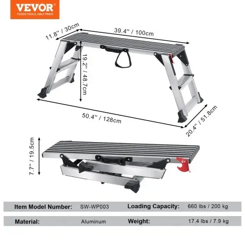 VEVOR Alu Arbeitsplattform Klappwerkbank 100x30x48,7cm Arbeitsbühne 200kg Tragfähigkeit Trittbank mit Sicherheitsschlössern Trittleiter für Zuhause Büro Werkstatt & Garage Silber – Bild 6