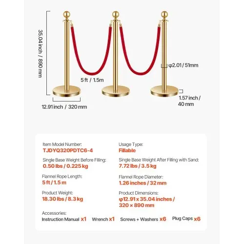 VEVOR Absperrpfosten Absperrung (6 Stk.) zur Steuerung von Menschenmengen mit 4 roten Samtseilen (1,5 m lang), Absperrständer aus Edelstahl mit nachfüllbarem Sockel für Ausstellungen Golden – Bild 6