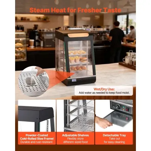 VEVOR 3-stöckige Wärmetheke 57 L, Warmhaltevitrine 800 W, Warmhaltetheke 30–85 °C, Speisenwärmer mit LED-Beleuchtung & Verstellbaren Ablagen, Speisevitrine für Hamburger Pizza Brot Brathähnchen – Bild 5