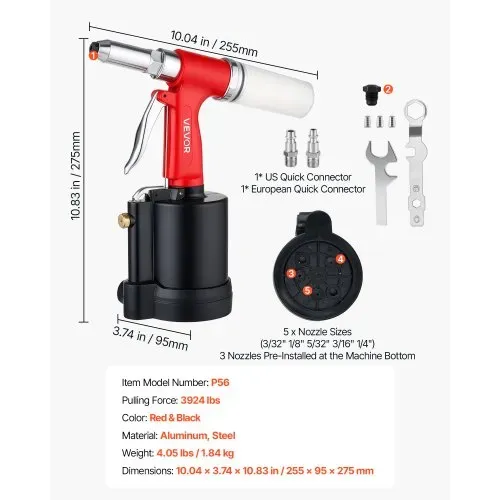 VEVOR Druckluft Nietmutternzange Set mit Nasenstücken 2,4/3,2/4,0/4,8/6,4mm, Pneumatische Blindnietzange Set für Automobil Industrie Heimwerkerprojekt, 1780kg Zugkraft, Max. 16mm Hub, 360° Nietengriff – Bild 6