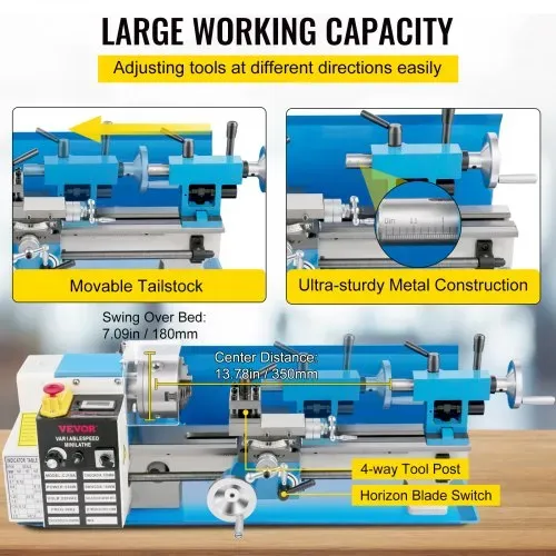 VEVOR Mini Drehmaschine 550 W, Metall Mini Drehmaschine Max. 2500 U / Min, Metallbank Drehmaschine, Metall Mini Drehmaschine, Tischdrehmaschine, Gewinde 12-52 TPI, Mini Drehbank metall, Zubehör Inkl. – Bild 3
