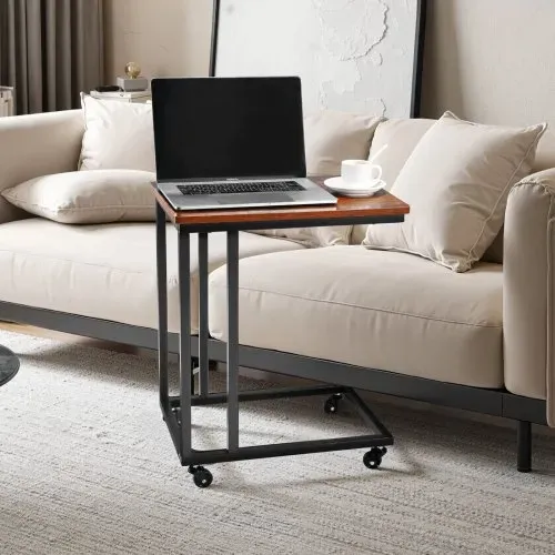 VEVOR Beistelltisch Kaffeetisch mit Metallrahmen rollbar, C-förmiger Couchtisch für Wohnzimmer Schlafzimmer Büro 500 x 350 x 605 mm TV-Tablett, Wohzimmertisch Sofatisch Braun und Schwarz – Bild 7