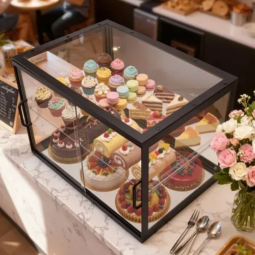 VEVOR Gebäckvitrine 2-stöckig, Gewerbliche Bäckereivitrine aus Transparentem Acryl, Thekenvitrine mit Schiebetür & Abnehmbarer Trennwand für Kekse, Desserts und Donuts, 550 x 385 x 390 mm Schwarz – Bild 7
