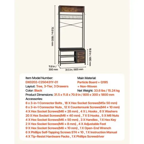 VEVOR Flurgarderobe 80 x 30 x180 cm, Garderobenständer mit Schuhablage (2 Ebenen) & 3 Schubladen, Freistehende Garderobe mit Bücherablage & Metallgitter, Ideal für Eingangsbereich, Schlafzimmer – Bild 6