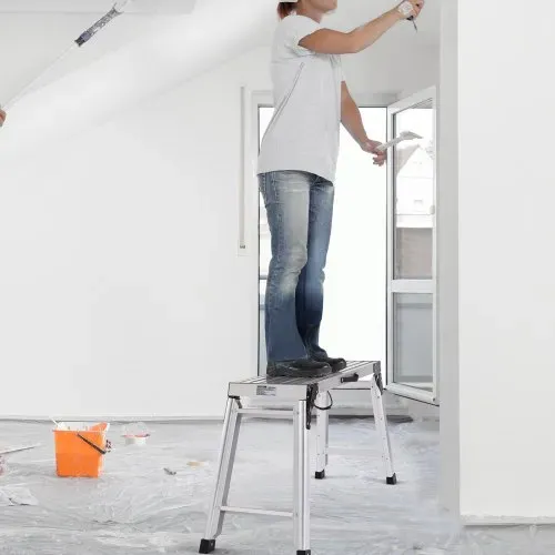 VEVOR Alu Arbeitsplattform Klappwerkbank 76x30x50,8cm Arbeitsbühne 150 kg Tragfähigkeit Trittbank mit Sicherheitsschlössern Trittleiter für Zuhause Büro Werkstatt & Garage Silber – Bild 7
