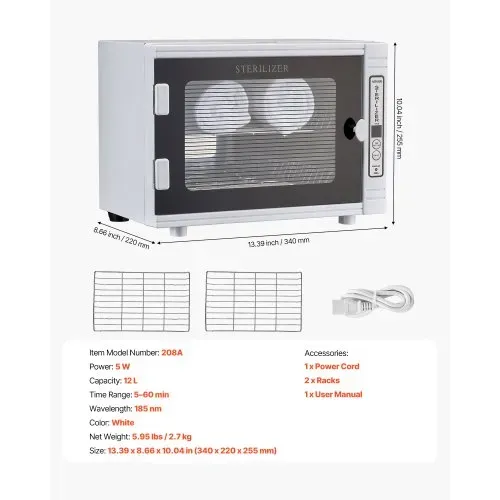 VEVOR UV Sterilisator Nagelwerkzeug-Reinigungsmaschine (12 L / 5 W) multifunktionale Nagelreiniger Sterilisator mit Timer-Einstellung, Reinigungskabinett mit Tür aus gehärtetem Glas, für Labore – Bild 6