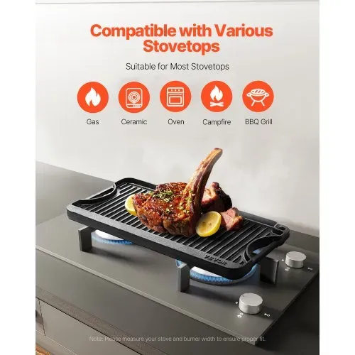 VEVOR wendbarer Grillplatte Bratpfanne Griddle aus Gusseisen (492 x 218 mm), tragbare rechteckige Pfanne mit Griff, Familienkochgeschirr für Herdplatten drinnen/draußen Grill, schwarz – Bild 2