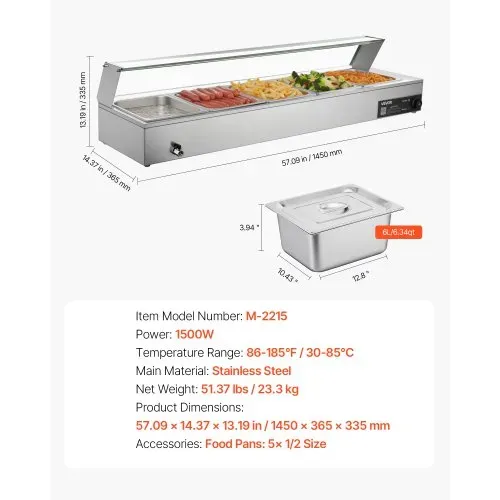 VEVOR kommerzieller Speisenwärmer mit Glasabdeckung & 5 Behälter (1/2-Größe) 1,5 kW Buffetwärmer Edelstahl, Buffetbehälter Buffet-Wasserbad Speisenwärmstation für Restaurants Partys Buffets – Bild 6
