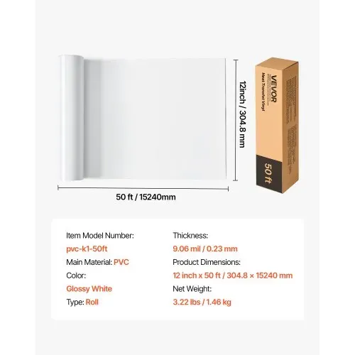 VEVOR Vinylfolie Wärmeübertragung Transferfolie (304,8 x 15240 mm), glänzend weiße HTV-Bügelvinylrolle, kompatibel mit Schneidemaschinen, für verschiedene Materialien T-Shirts Kissen Hüte – Bild 6
