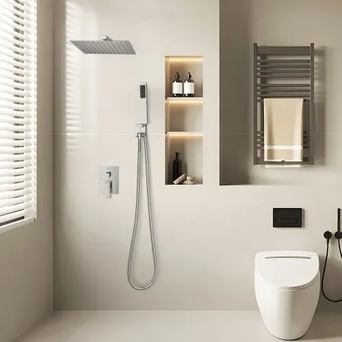 VEVOR Duscharmatur Regenduschsystem fürs Badezimmer Duschsystem mit 305 mm quadratischen Regenduschkopf & Handbrause, wandmontierte Badezimmerarmaturen mit Messingventil & Zierset, Silberchrom – Bild 7