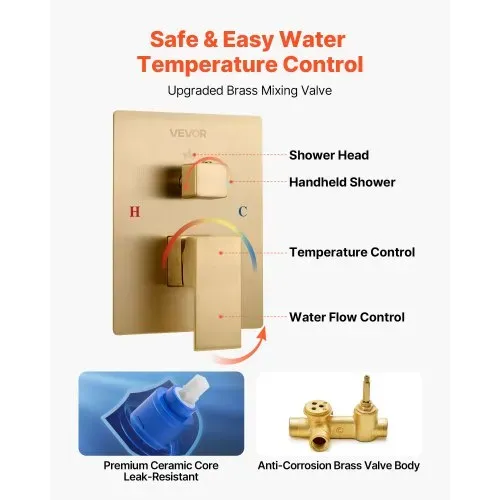VEVOR Duscharmatur Regenduschsystem fürs Badezimmer Duschsystem mit 254 mm quadratischen Regenduschkopf & Handbrause, wandmontierte Badezimmerarmaturen mit Messingventil & Zierset, gebürstetes Gold – Bild 4