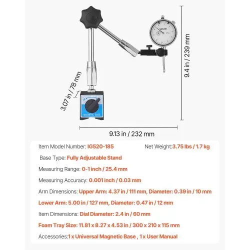 VEVOR Messuhr mit Magnetstativ, Magnetfuß, 0,03 mm Genauigkeit, 0–25,4 mm Bereich, Messuhrhalter, professionell für die Maschineneinrichtung, Messung schmaler Bereiche, leicht abzulesen – Bild 6