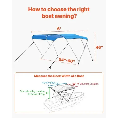 VEVOR Bimini Top Bootsabdeckung Sonnenverdeck (3 Bögen) aus 600D Polyester mit Rahmen aus Aluminiumlegierung, wasserdichte Sonnenschutz-Bootsmarkise mit Aufbewahrungstasche, 137-152 cm (B) Blau – Bild 4