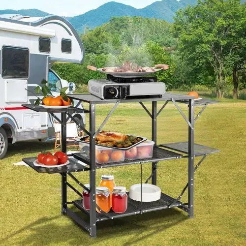 VEVOR Camping-Küchentisch, Aluminium, Faltbar, Tragbar, Outdoor-Kochstation mit 4 Eisenseiten, 2 Regalen und Tragetasche, Schnelle Installation für Picknick, Grillen, Strand, Reisen usw. – Bild 7