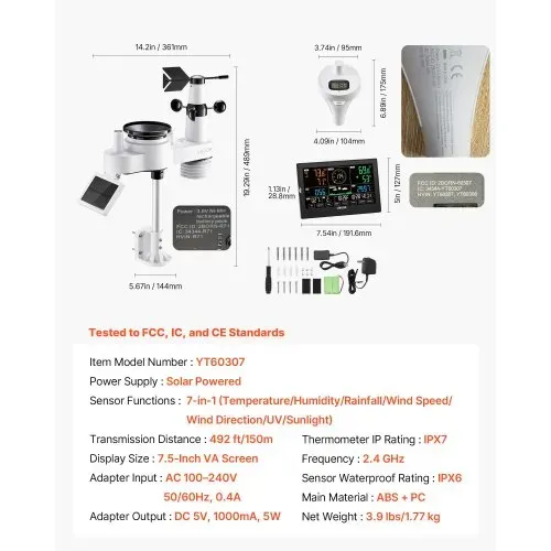 VEVOR 7-in-1 WLAN-Wetterstation mit APP, 7,5-Zoll-Display, solarbetriebener Außensensor, mit Poolthermometer, Regenmesser, Wettercenter für Wettervorhersage, Windgeschwindigkeit, Pooltemperatur – Bild 5