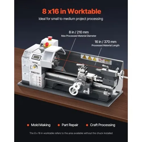 VEVOR Metalldrehmaschine, 21×37 cm, 550 W, 0-2500 U/min Variable Geschwindigkeit, Tischdrehmaschine, für die Bearbeitung von Präzisionsteilen, Imperial-Metrisch-Gewinde, Weichmetalle, Kunststoffe VEVOR Metalldrehmaschine, 21×37 cm, 550 W, 0-2500 U/min Variable Geschwindigkeit, Tischdrehmaschine, für die Bearbeitung von Präzisionsteilen, Imperial-Metrisch-Gewinde, Weichmetalle, Kunststoffe