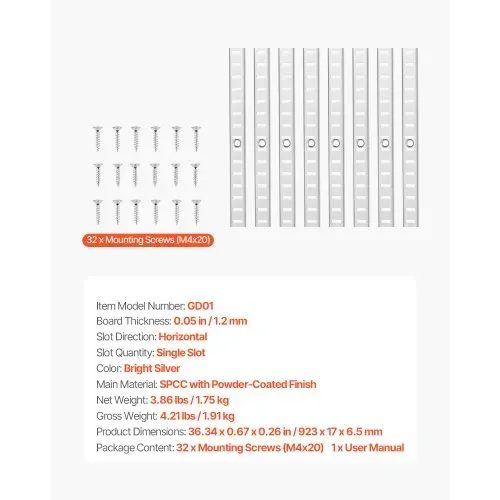 VEVOR Regalpilaster, 923 mm, 8er-Pack, verstellbare Regalhalterungen aus Stahl, Einsteck-Pilasterleisten-Standards mit 32 Schrauben, geeignet für Wandregalsystem, Schrankorganisation – Bild 6