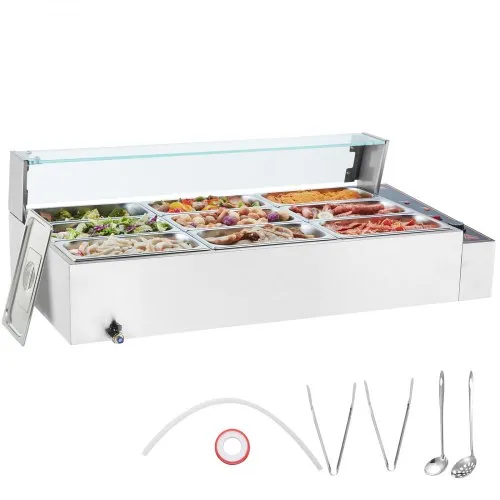 VEVOR kommerzieller Speisenwärmer (9 x 1/3 Größe Behälter), 1,5 kW elektrischer Wärmebehälter aus Edelstahl mit Glasabdeckung & Suppenkelle, Chafing Dishes für Catering Restaurant Party VEVOR kommerzieller Speisenwärmer (9 x 1/3 Größe Behälter), 1,5 kW elektrischer Wärmebehälter aus Edelstahl mit Glasabdeckung & Suppenkelle, Chafing Dishes für Catering Restaurant Party