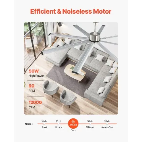 VEVOR 214 cm Deckenventilator ohne Beleuchtung, 6-Gang-Fernbedienung, 8 Flügel, umkehrbarer Gleichstrommotor, Ventilator für Schlafzimmer, Wohnzimmer, Terrasse, Innen-/Außenbereich, gebürstetes Nickel – Bild 2