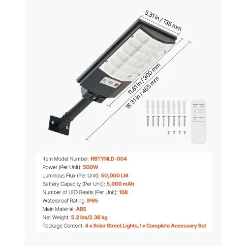 VEVOR Solar-Straßenlaterne 50000 LM, Straßenlampe 500 W, Solarleuchte mit Dämmerungssensor, LED-Flutlicht mit Bewegungsmelder, IP65 wasserdichte Außenbeleuchtung für Einfahrt & Hof, 4er-Pack – Bild 6