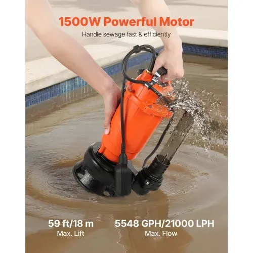 VEVOR 1500 W Tauchpumpe, 21000 l/h, Gusseisen-Schmutzwasserpumpe mit automatischem Schwimmerschalter, 18m Förderhöhe zum Abpumpen von Schmutzwasser, für Pools, Teiche & überflutete Bereiche VEVOR 1500 W Tauchpumpe, 21000 l/h, Gusseisen-Schmutzwasserpumpe mit automatischem Schwimmerschalter, 18m Förderhöhe zum Abpumpen von Schmutzwasser, für Pools, Teiche & überflutete Bereiche
