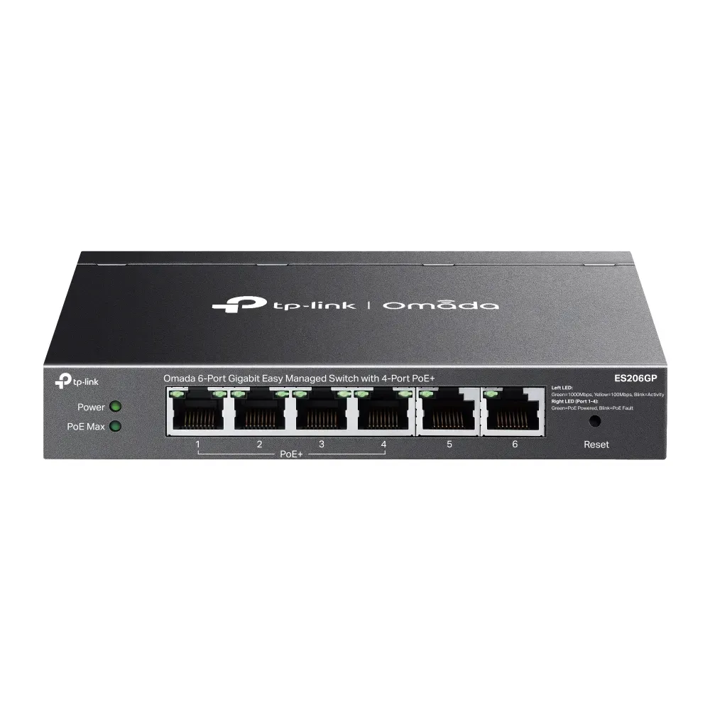 TP-Link Switch full managed Layer2 6 Port • 6x GbE • 4x PoE+ Ports • PoE Budget 65 Watt • Lüfterlos, Omada • ES206GP TP-Link Switch full managed Layer2 6 Port • 6x GbE • 4x PoE+ Ports • PoE Budget 65 Watt • Lüfterlos, Omada • ES206GP