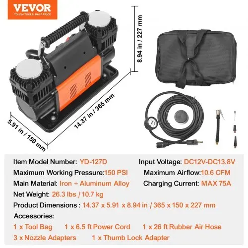 VEVOR 10,6 CFM Hochleistungs-Luftkompressor, 30 s schnelles Aufpumpen | Tragbarer Reifenfüller mit zwei Zylindern, 12 V 150 PSI Offroad-Luftpumpe mit Adaptern für LKWs, Autos, SUVs, 4 x 4-Fahrzeuge, Wohnmobile – Bild 6