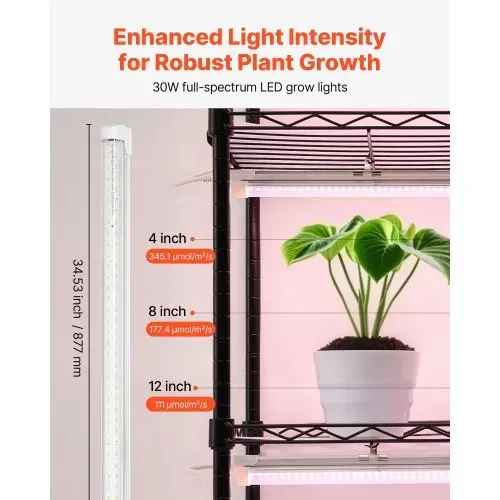 VEVOR Pflanzenregal mit Wachstumslichtern, 6-stufiger Pflanzenständer für Zimmerpflanzen mit Rädern & Timer, 150W 3800K Vollspektrum Licht, Metall-Blumenregal für die Samenanzucht, 90x35x180cm – Bild 2