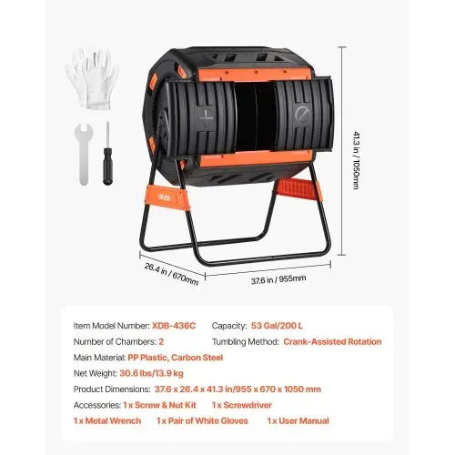 VEVOR Komposttrommel 200 L, Tumbling-Komposter Outdoor mit 2 Schiebetüren & Belüftungssystem & Doppelkammern, Kompostbehälter aus PP & Kohlenstoffstahl für Garten-, Küchen- und Hofabfälle – Bild 6