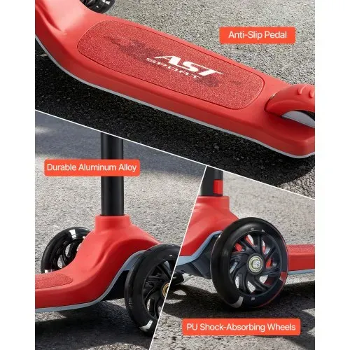 VEVOR Scooter (3 Räder) ab 3 Jahren, Cityroller Kinderroller mit leuchtenden Rädern & höhenverstellbarem Lenker & rutschfestem Deck & leichtem Aluminiumrahmen, Tretroller bis zu 75 kg, Rot – Bild 4