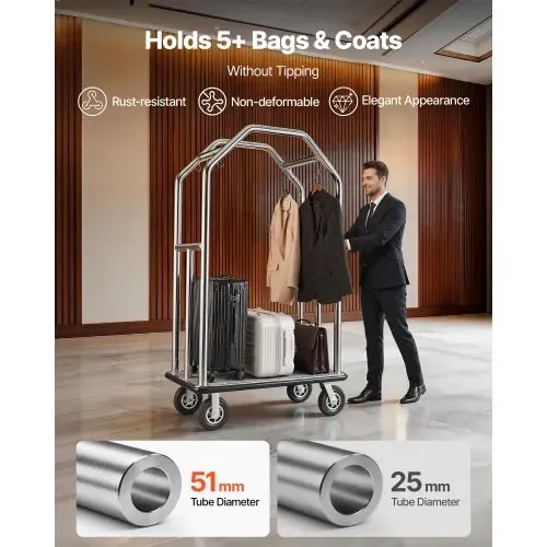 VEVOR Hotelgepäckwagen aus Edelstahl, 680,39kg Belastbarer Kofferwagen mit 8 Zoll Gummirädern, Hotelwagen mit Grauem Teppichboden & Garderobenstange, Gepäckwagen Gewerblich für Hotels Resorts, Silber – Bild 4