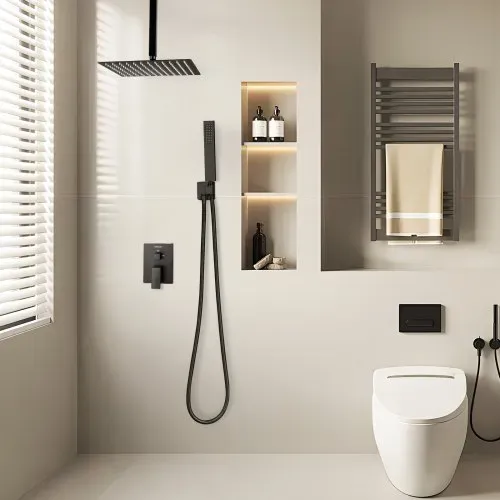 VEVOR Duscharmatur Regenduschsystem fürs Badezimmer Duschsystem mit 305 mm quadratischen Regenduschkopf & Handbrause, wandmontierte Badezimmerarmaturen mit Messingventil & Zierset, Mattschwarz – Bild 7