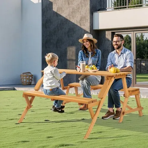 VEVOR 2 in 1 umwandelbarer & austauschbarer Picknicktisch, Outdoor-Tisch- und Bank-Set aus Holz, tragbare, faltbare Bank mit Loch für Schirm, Essmöbel für Garten, Hinterhof, Veranda (braun) – Bild 7