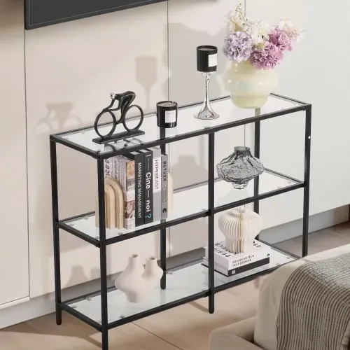 VEVOR 3-stufiger Konsolentisch moderner Flurtisch (100 x 30 x 72,9 cm) mit Platte aus gehärtetem Glas, 30 kg belastbarer Beistelltisch mit Kippschutz für Wohnzimmer Eingangsbereich Foyer Schwarz – Bild 7