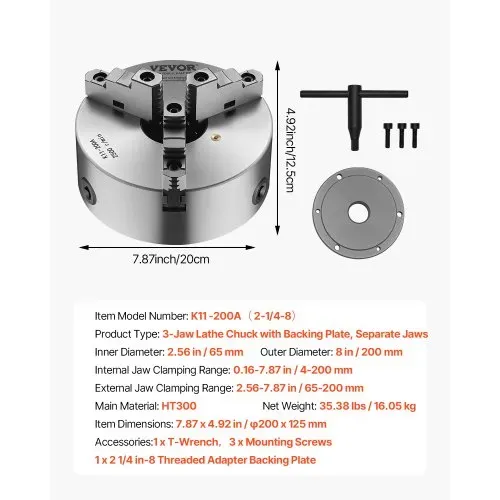 VEVOR 3-Backen-Drehfutter, φ200 mm, Spannfutter mit 57,15-mm-8-Gewinde-Trägerplatte, 4-200 mm Spannbereich mit T-Schlüsselschrauben, HT300-Material, für Holz-Metall-Drehmaschinen – Bild 6