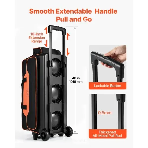 VEVOR Bowlingtasche mit Rollen für 3 Kugeln 600D Oxford Orange Schwarz, für Schuhe bis US-Größe 16 und Zubehör, mit Teleskopgriff (bis zu 1016 mm), Doppellagigen Ablagen und Verstärkten Nähten – Bild 5